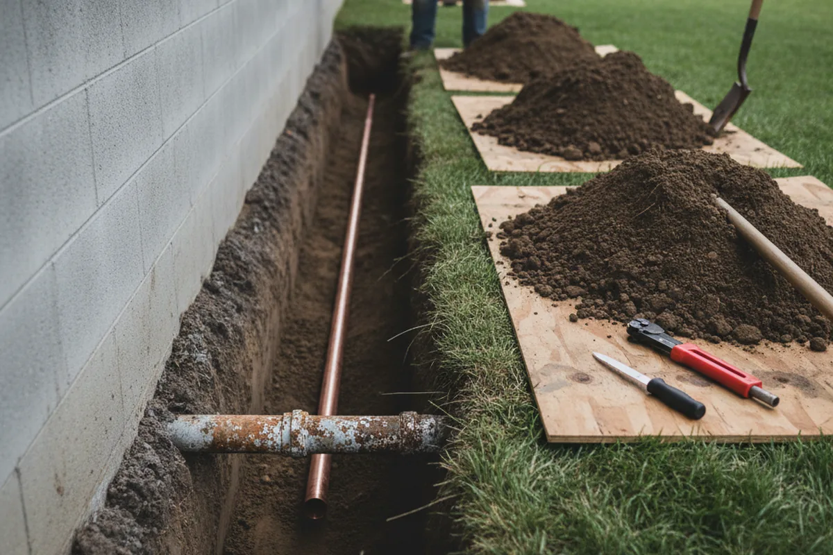 Excavated water line trench during Water Softener Installation in Westminster